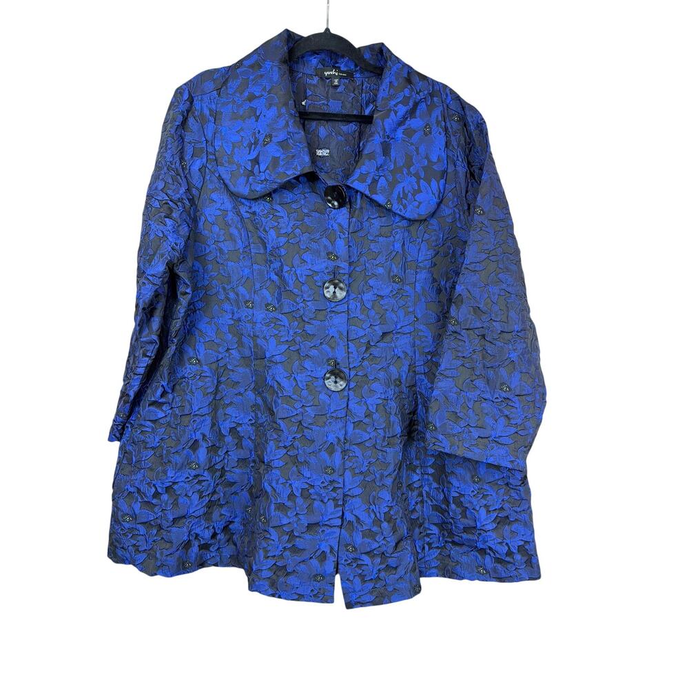 Yushi Blue Black Bouquet Silver Accent Button Down Crinkle Jacket XXL